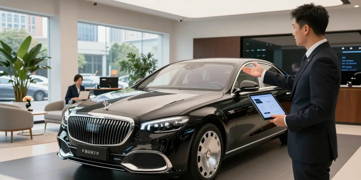 Penyewaan mobil mewah LUXURY 777 di dealer premium, menampilkan sedan hitam berkilau dan suasana elegan.