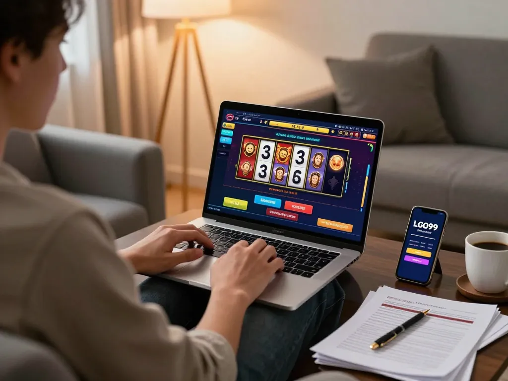 Pemain LGO99 terlibat dalam permainan yang bertanggung jawab di rumah menggunakan laptop untuk permainan kasino online.