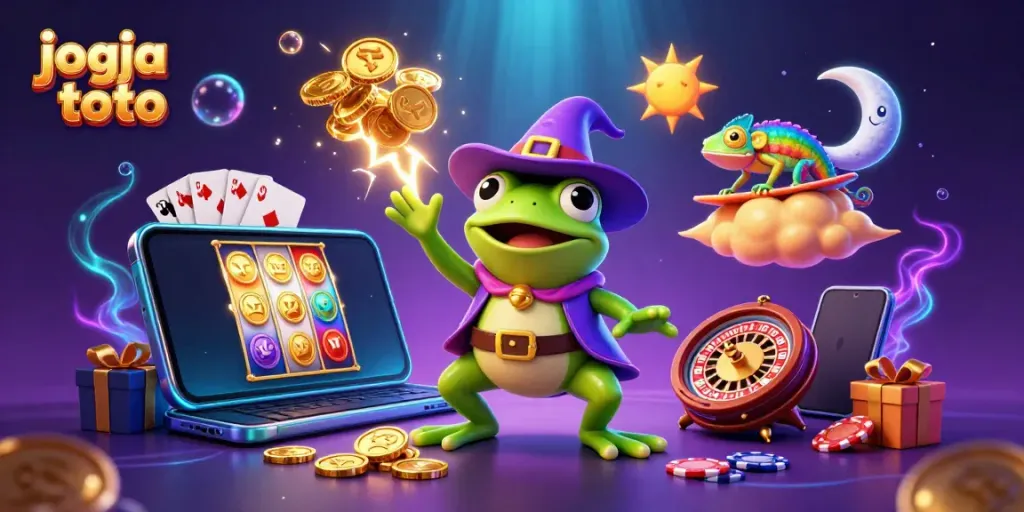 Experience excitement with jogja toto, featuring a weather wizard frog, chameleon, and casino elements.