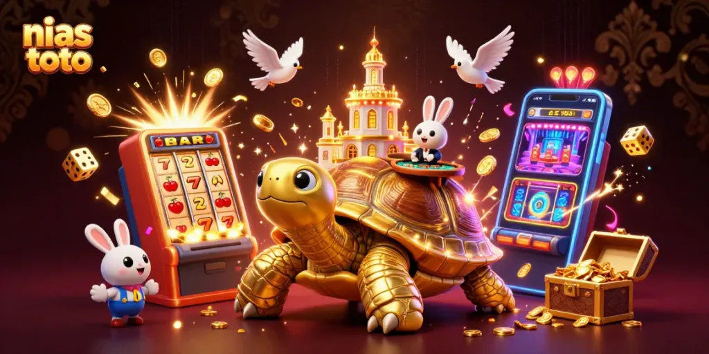 Permainan kasino nimble nias toto dengan kura-kura emas raksasa dan dealer kelinci di atasnya.