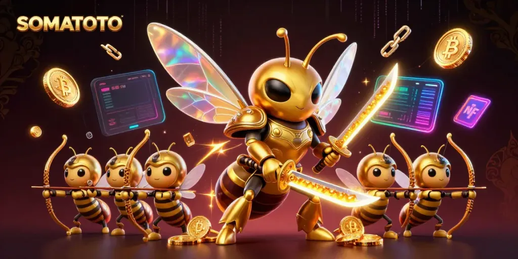 SOMATOTO showcases a vibrant casino scene with a golden hornet samurai and crypto coins.
