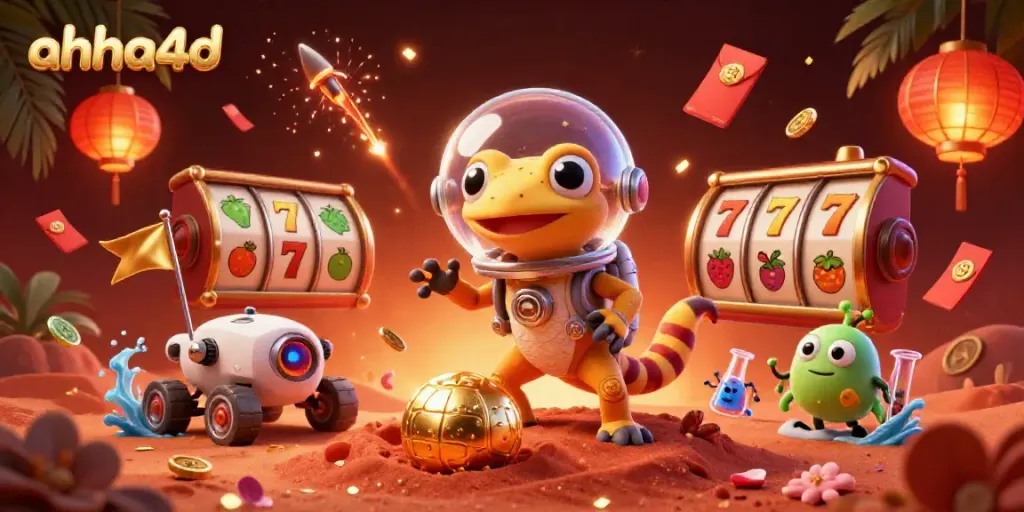Ahha4d menghadirkan kasino emas di Mars dengan karakter unik dan elemen permainan keberuntungan.