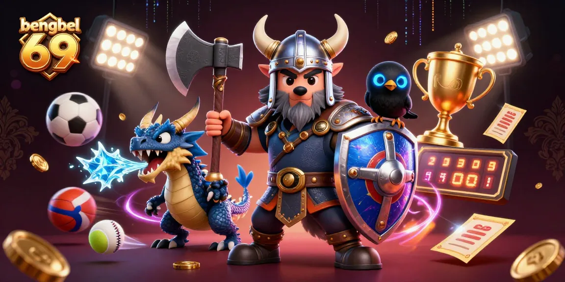 Bengkel 69 features a dynamic scene with a Viking wolf warrior, dragon, and sports elements highlighting online gaming excitement.