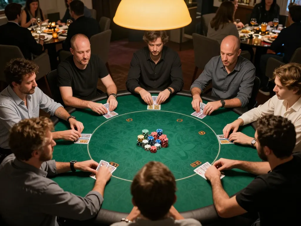 Players enjoy an exciting poker game with gawang69 at a lively home game night, chips and cards in action.
