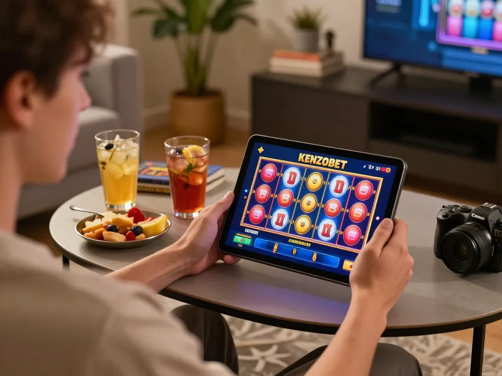 Engaging in KENZOBET slot gameplay on a tablet in a cozy home setting with snacks and vibrant graphics