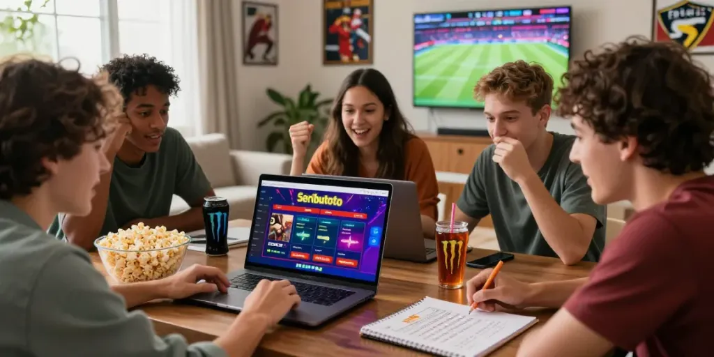 Group of friends engaging with Seributoto online betting site, showcasing excitement and strategy.