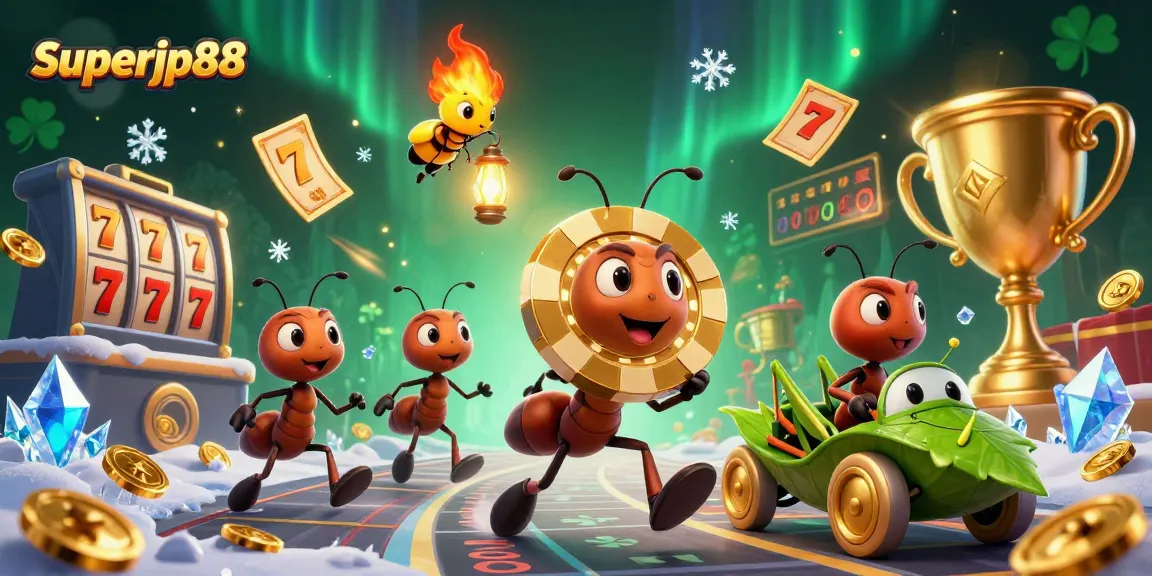Watch the superjp88 team of ants carry a giant poker chip through a casino heist adventure with gold coins and slots.