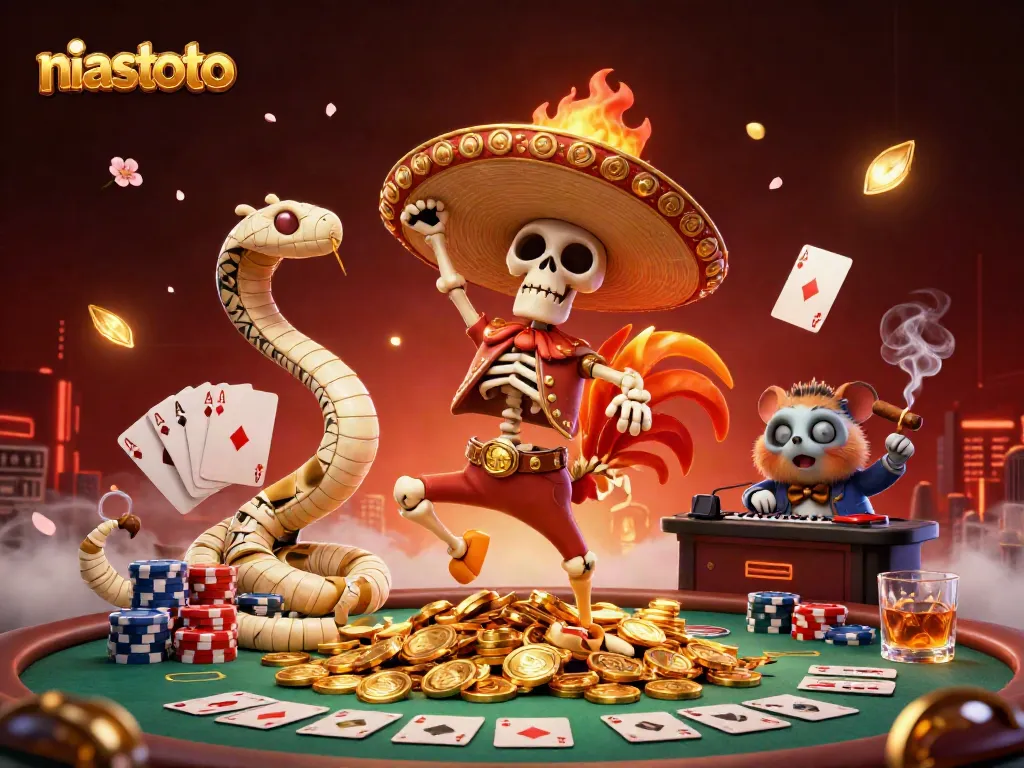 Melihat niastoto dari kasino, kerangka mariachi menari di atas koin emas dengan elemen poker.