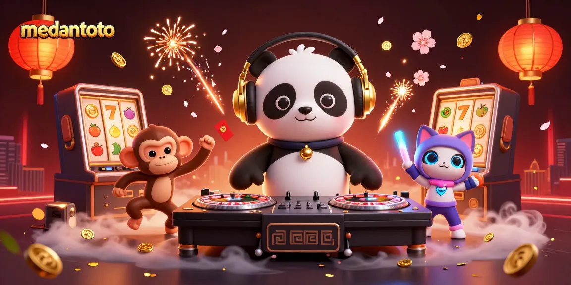 Medantoto menampilkan DJ panda dengan headphone emas dan mesin slot, mengundang keberuntungan pemain.