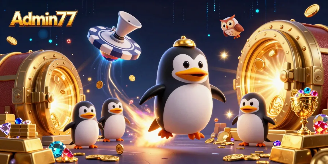 Experience thrilling wins with Admin77 as the golden penguin journeys through a cosmic casino.