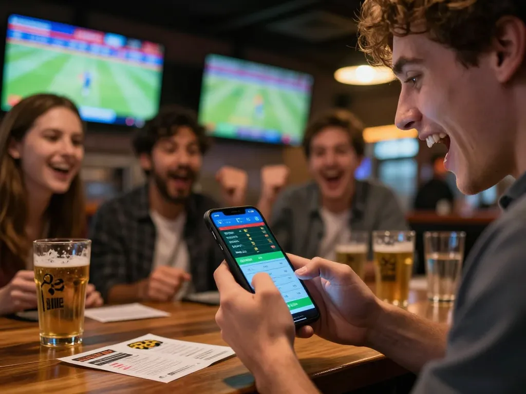 Person engaged in trang cá độ bóng đá while using a smartphone at a packed sports bar during a live match.