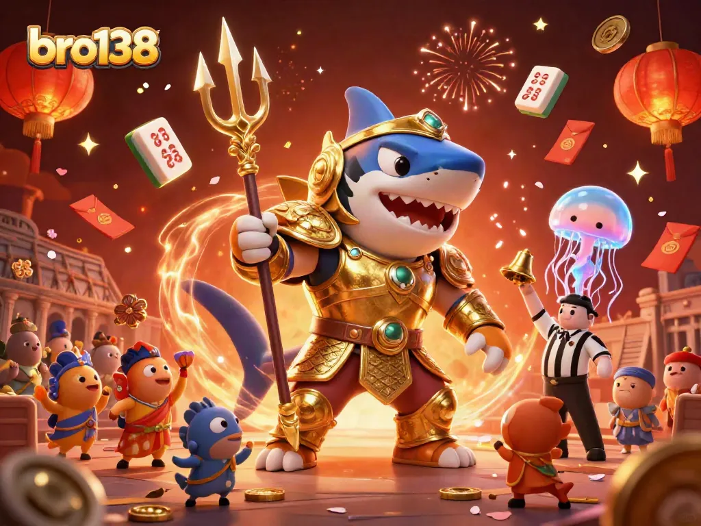 Engage with bro138 in a vibrant underwater casino scene featuring a golden armor shark and festive elements.