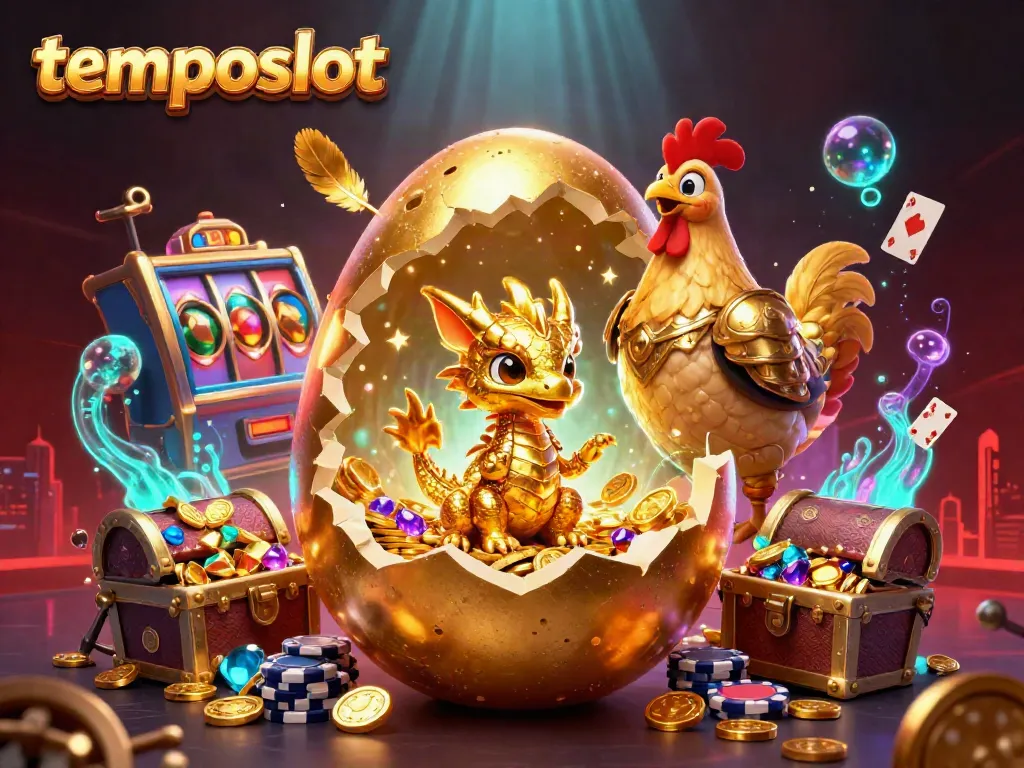 Experience the excitement of temposlot with a magical scene of a golden dragon amid casino treasures.