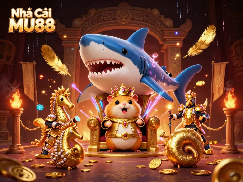 Experience the excitement at Nhà cái MU88, featuring a golden hamster king and lavish gambling elements.