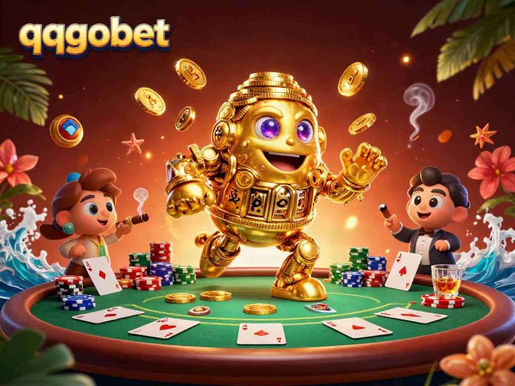 Experience thrilling gameplay with qqgobet featuring a golden golem, poker chips, and vibrant casino elements.