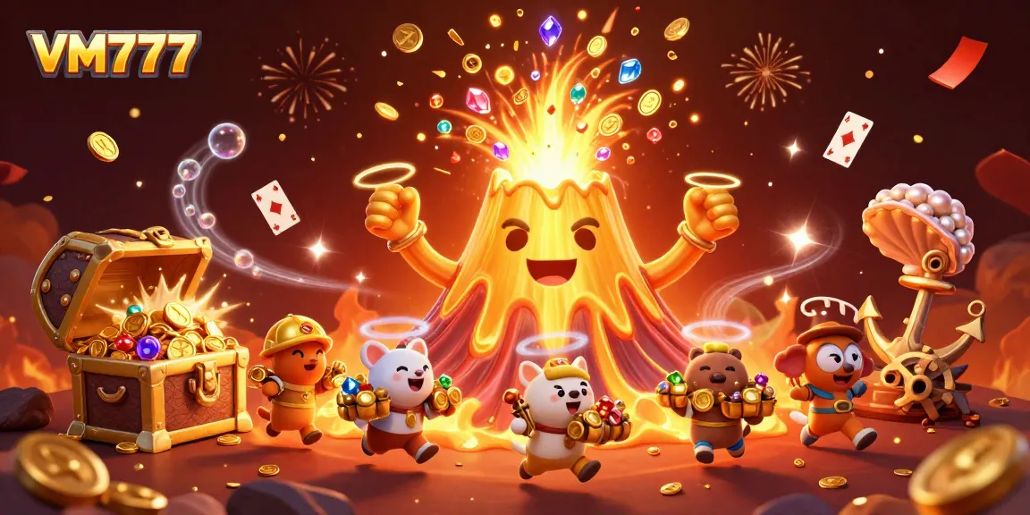 Experience thrilling wins with VM777's exciting gaming universe, showcasing gold coins and treasures.