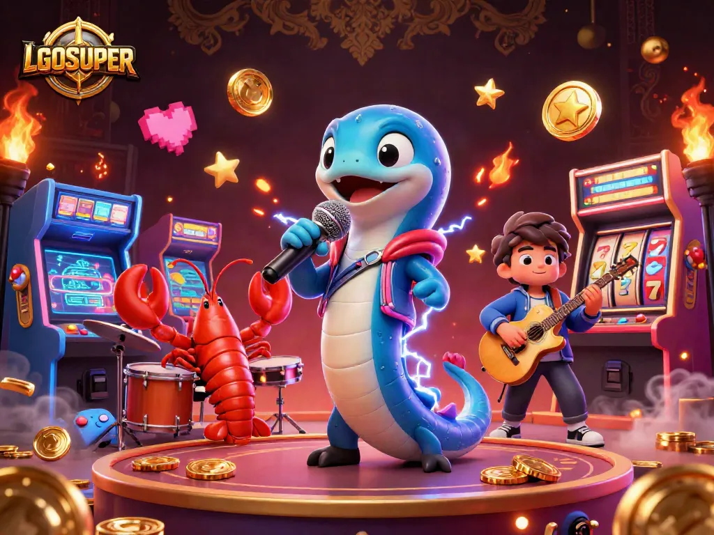 Watch LGOSUPER perform winning strategies with electric eel DJ and friends in a vibrant underwater casino.