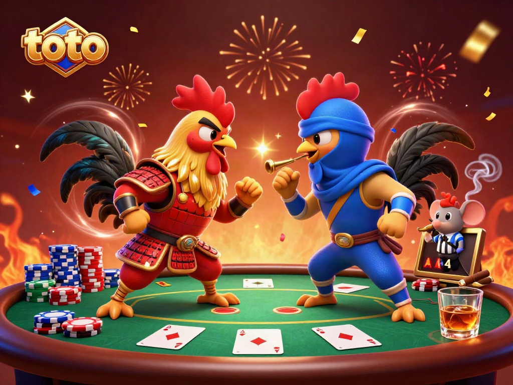 Ayam aduan bertarung di meja poker dengan simbol toto dan chip warna-warni.