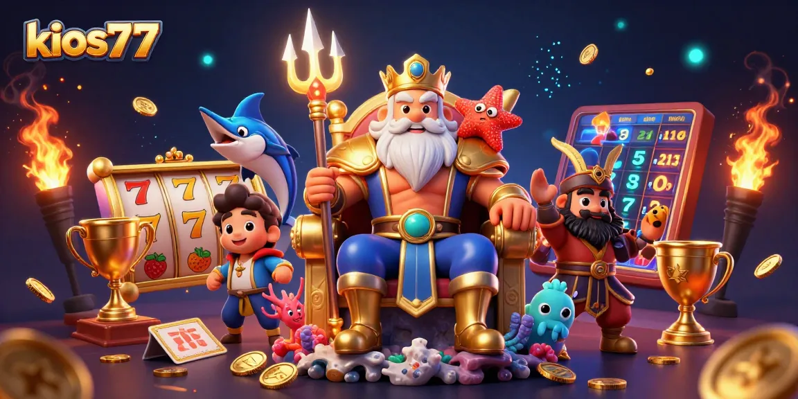 Kios77 promotes thrilling slot games with a vibrant Neptune scene surrounded by glowing casino elements.