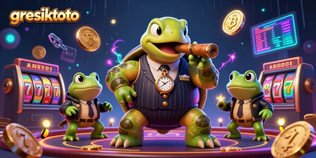Experience thrilling gameplay with gresiktoto featuring a casino scene with lively characters and slot elements.