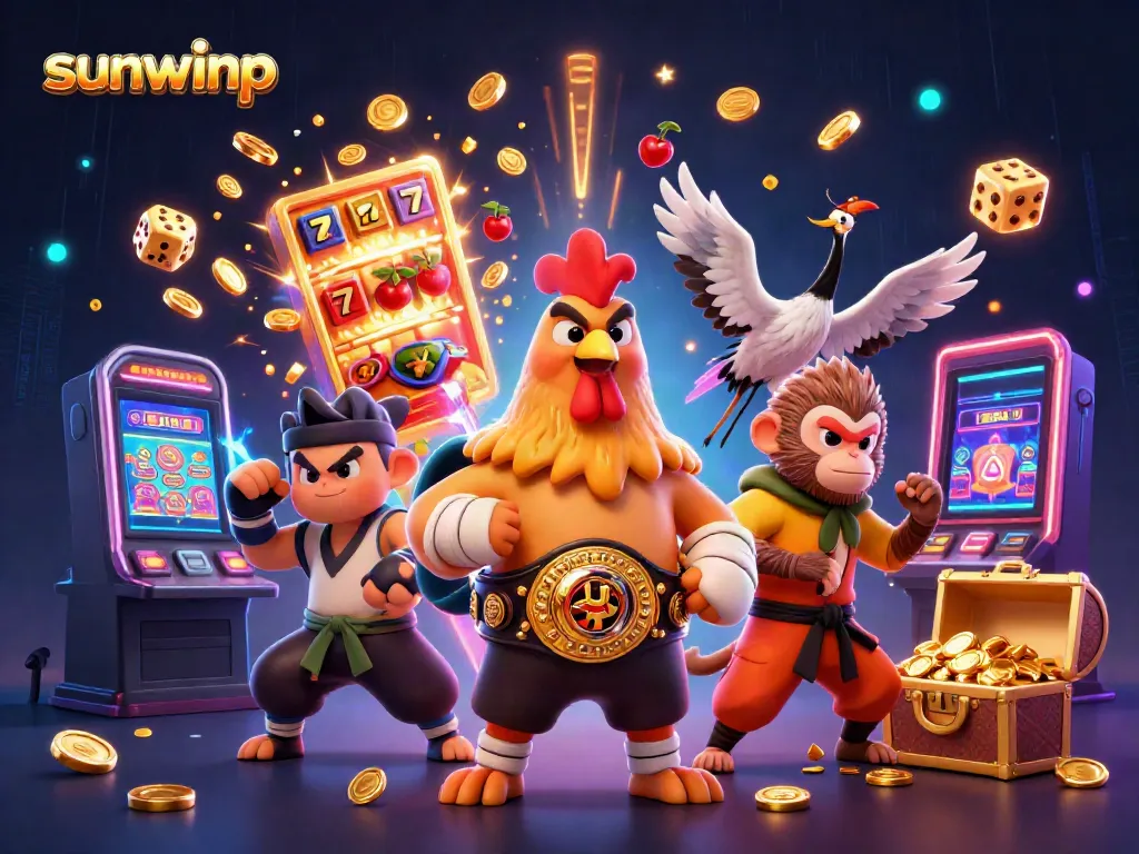 Experience the thrill of sunwinp with vibrant characters and casino elements in an exciting 3D render.