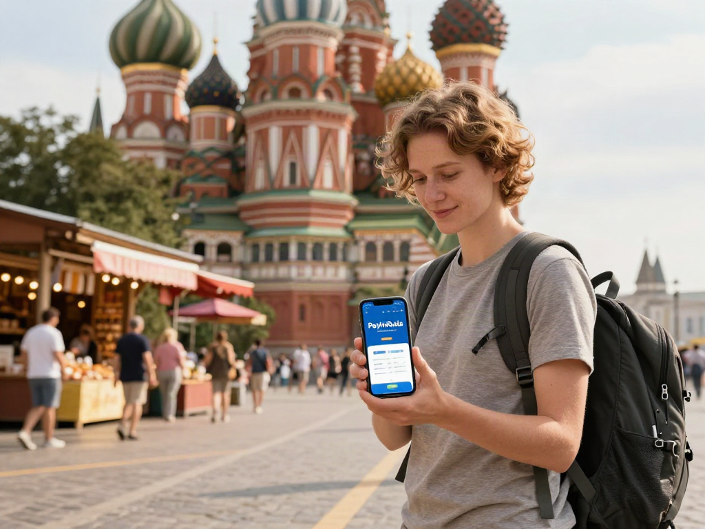 Menggunakan aplikasi https://payinrussia.com/ untuk pembayaran di Rusia, wisatawan berdiri di depan bangunan bersejarah.