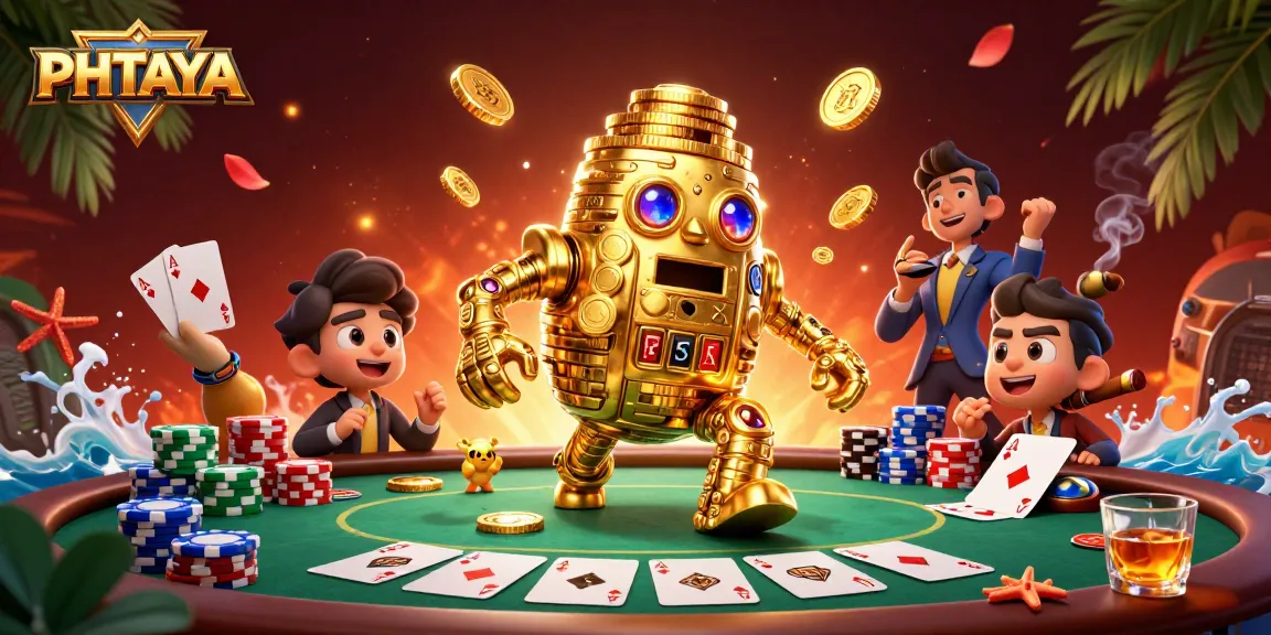 PHTAYA offers thrilling casino gameplay with a golden golem, poker elements, and vibrant details.