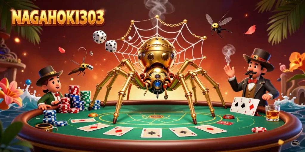 NAGAHOKI303 showcases a whimsical steampunk scene with a golden spider and poker elements.