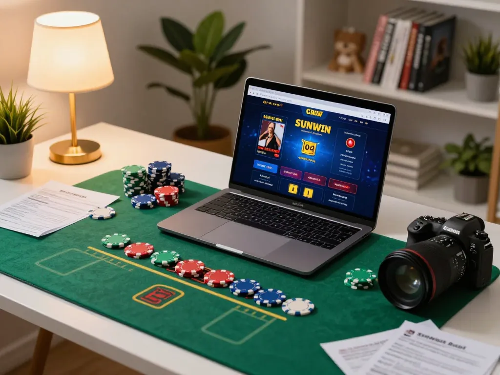Engaging online players utilizing the Sunwin platform with vibrant poker chips scattered across a stylish desk.