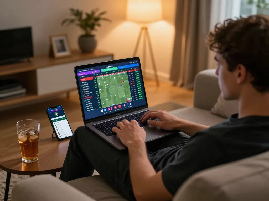 Placing strategic bets on fabet with an engaging sports betting setup at home.