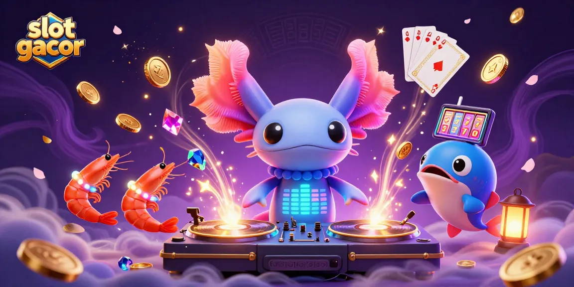 Celebrate winning moments with slot gacor as neon axolotl DJ spins dynamic tunes under cascading gems.