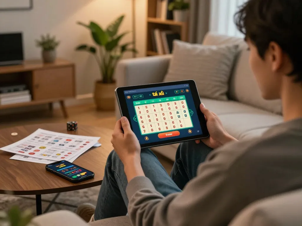 Engaging scene of a user navigating the app tài xỉu, showcasing online gambling strategy in a cozy home setting.