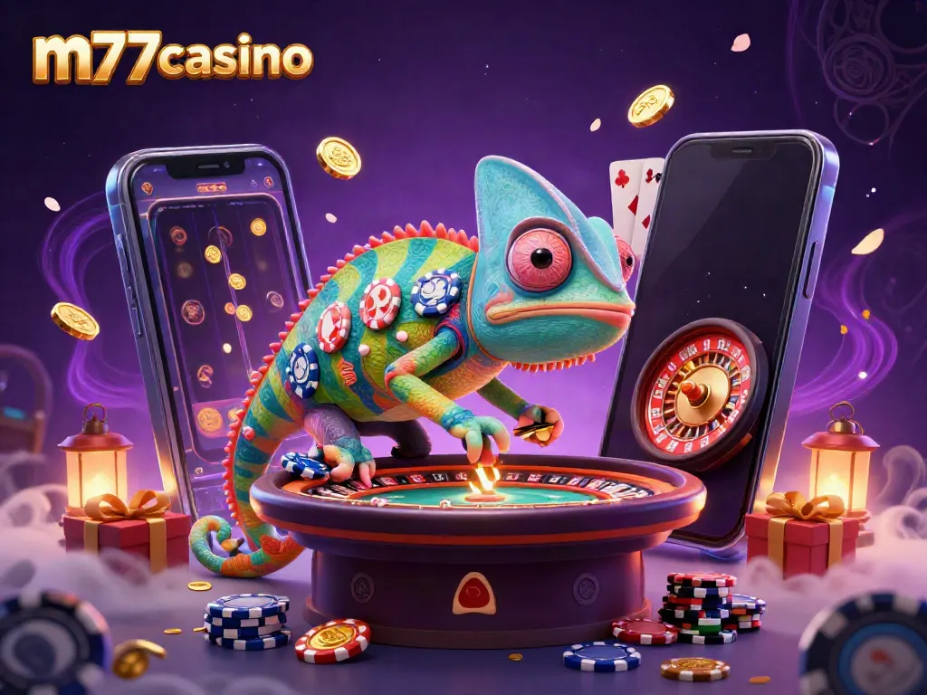 Permainan slot m77casino dipresentasikan dengan chameleon pemilik kasino dan elemen permainan lainnya.