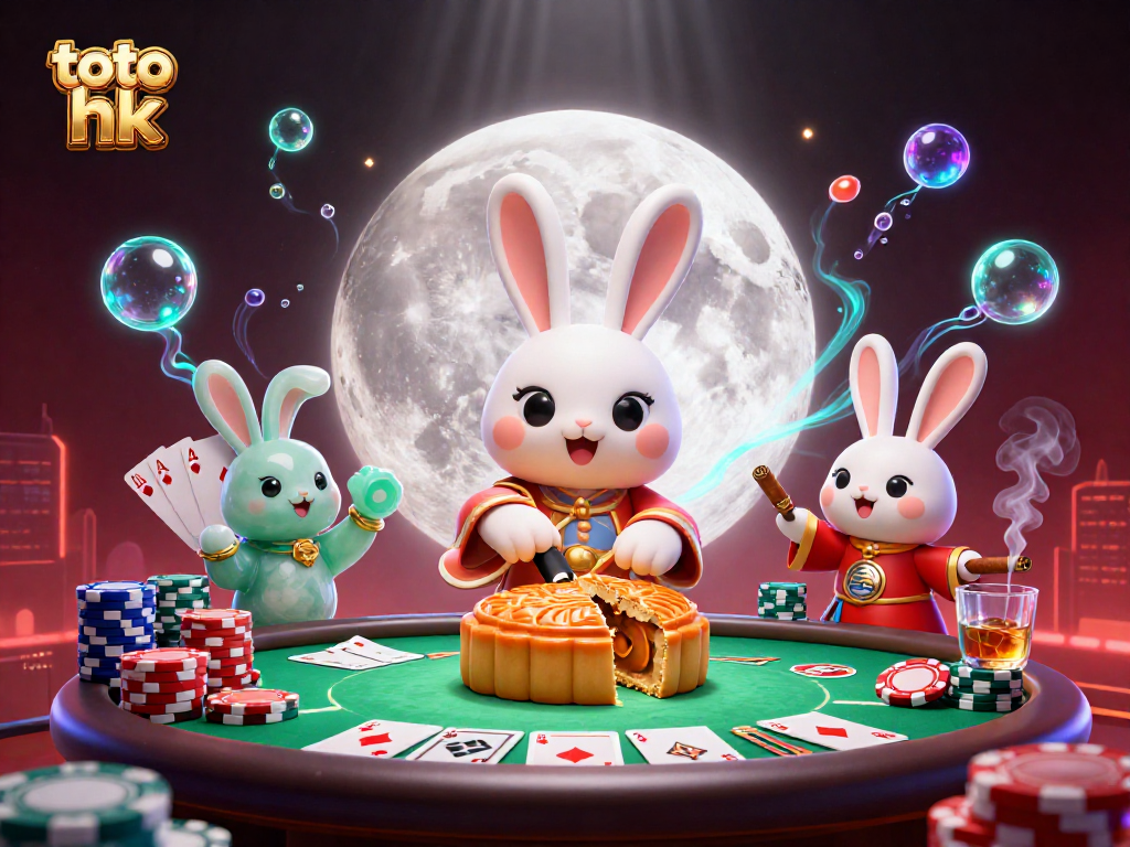 Permainan toto hk yang menarik dengan kelinci bulan dan kartu poker berwarna-warni.