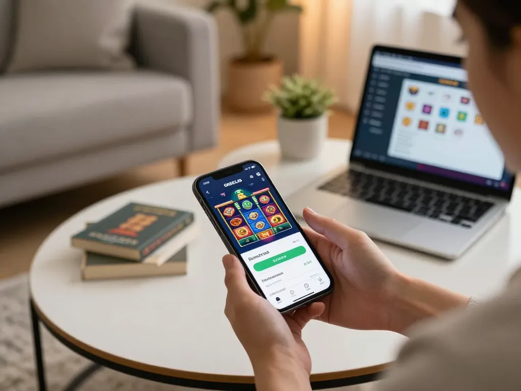 Bermain slot ONDEL4D yang mendebarkan di smartphone dalam suasana rumah yang nyaman