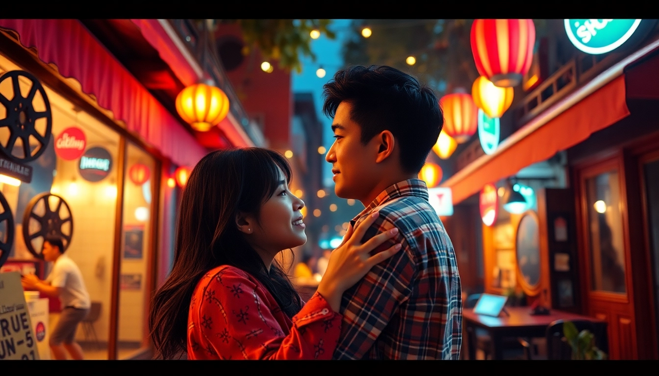 Rasakan pesona film semi jepang yang mendalam dengan pasangan romantis di latar belakang kafe.