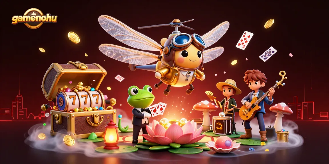 Engage in thrilling slots with gamenohu at a lively lily pad casino hosted by a frog croupier.