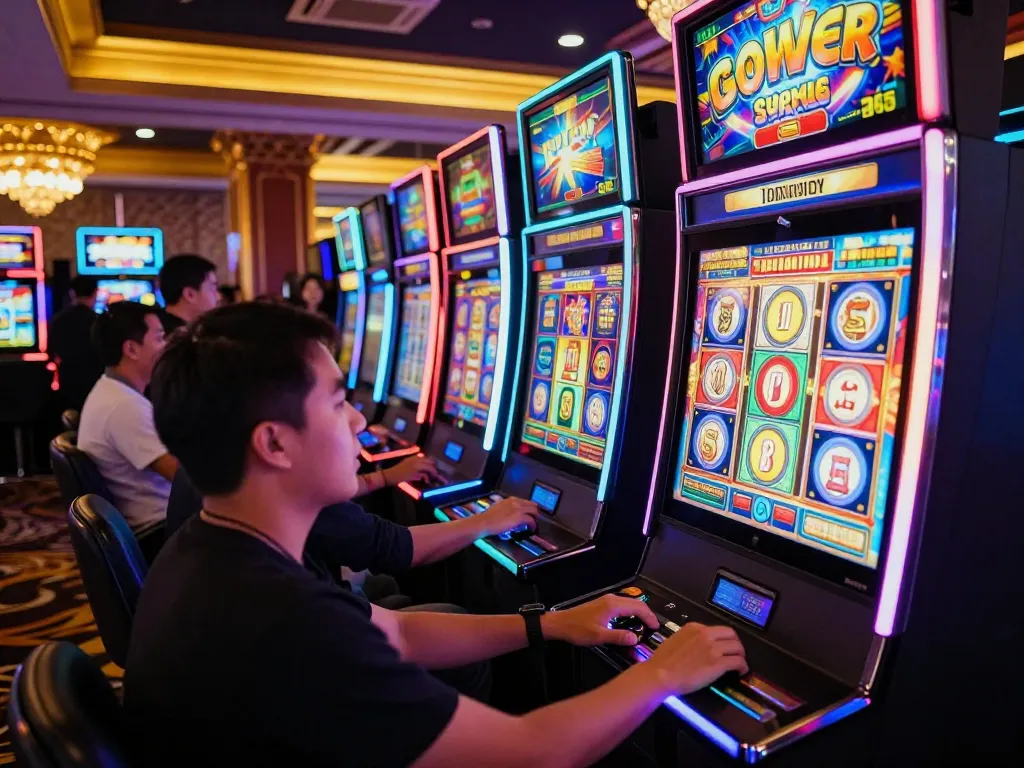 Pemain merayakan kemenangan di mesin slot server Indonesia, suasana kasino yang penuh dengan kegembiraan.
