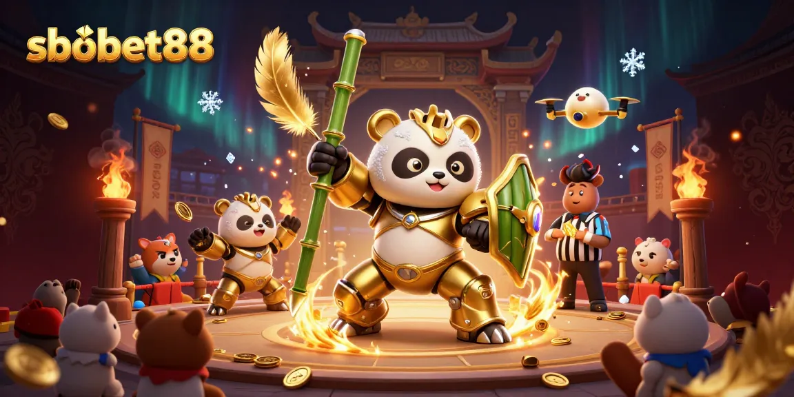 Taruhan di sbobet88 dengan karakter panda berperang di arena yang meriah.