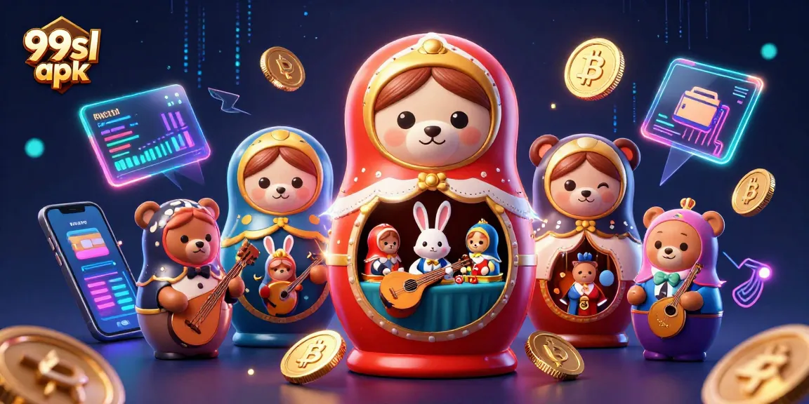 Engage with the 99sl apk's vibrant casino environment showcasing unique characters and crypto elements.