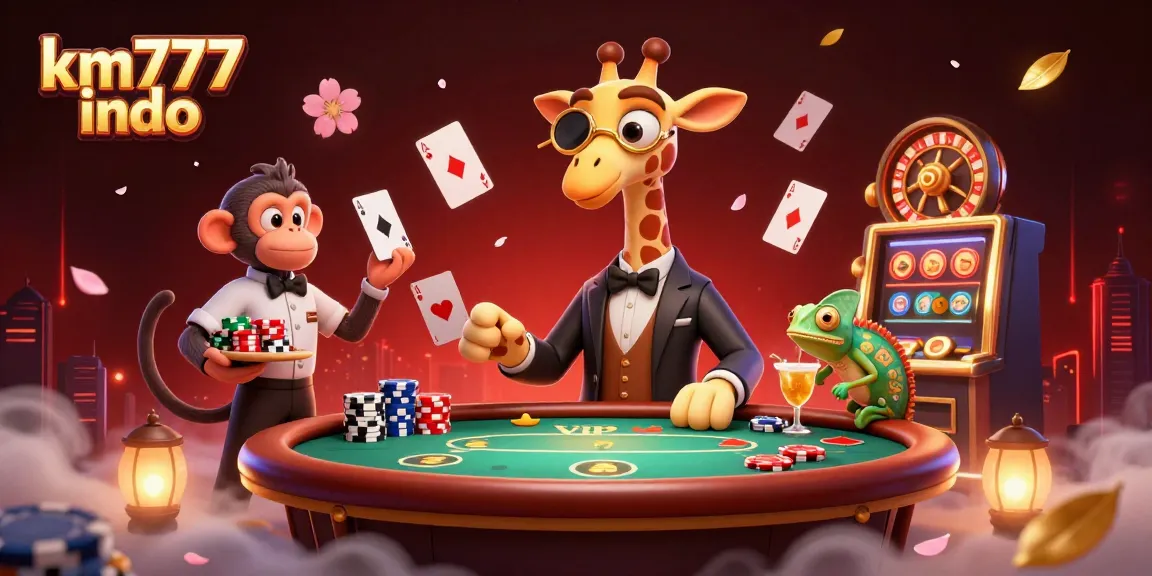 Engage with km777 indo at a vibrant casino featuring a giraffe, monkey, and chameleon in a lively 3D scene.