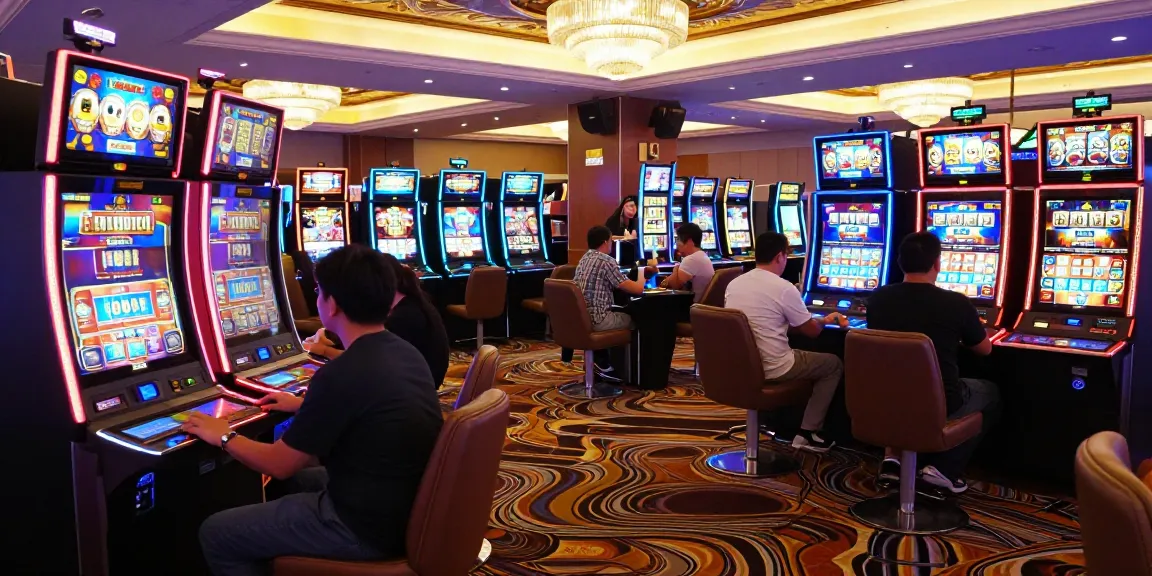 Energetic casino scene with players enjoying situs slot machines amidst vibrant lights.