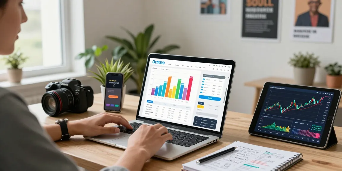 Pengguna UE99 berinteraksi dengan aplikasi keuangan di laptop dengan grafik analisis di layar.