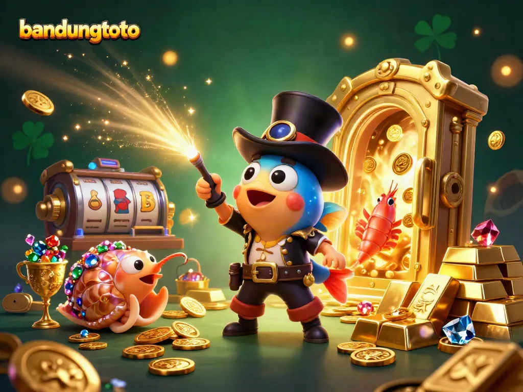Win golden coins with bandungtoto in this vibrant 3D casino scene, featuring a deep-sea anglerfish and pirate shrimp.