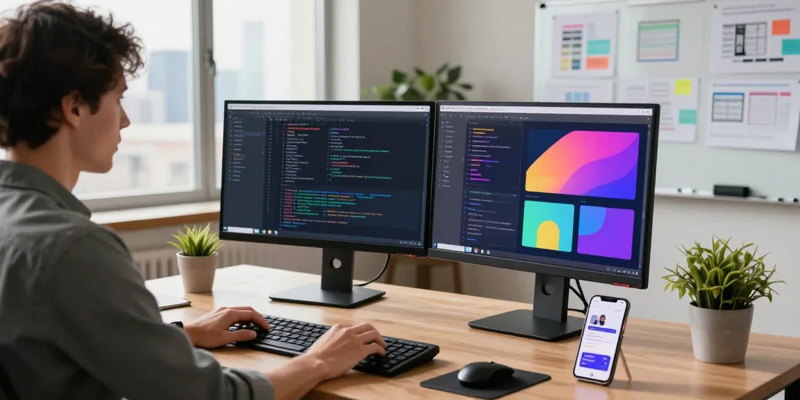 Experienced website developer near me in a modern workspace coding on dual monitors with creative designs.