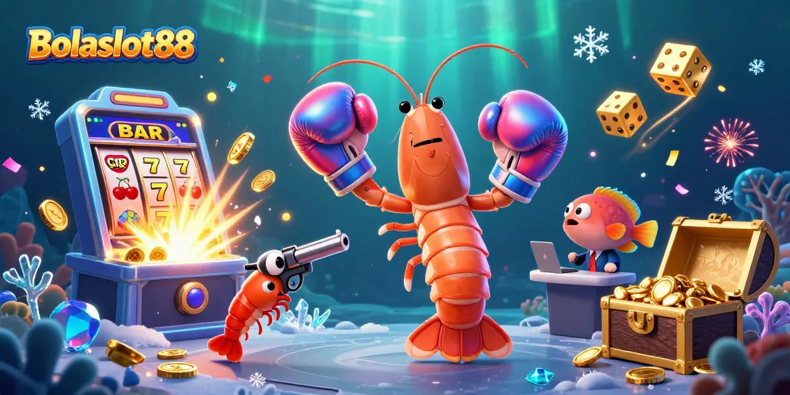 Bolaslot88 features captivating casino action with vibrant shrimp characters amidst jackpot excitement.