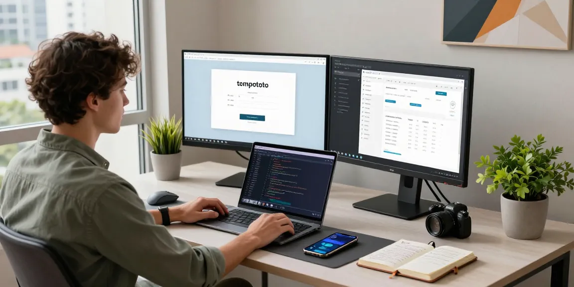 Engaging tempototo login workspace with dual monitors displaying analytics and user interface, modern tech environment.