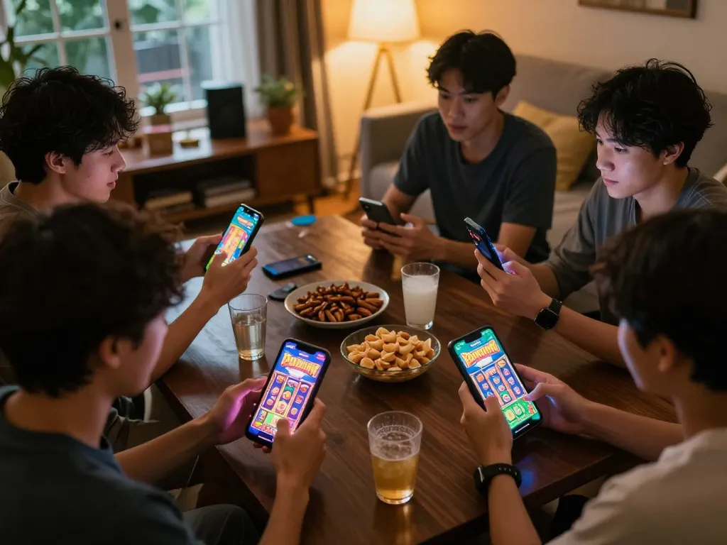 Pemain Pandawin menikmati sesi slot online yang mendebarkan di smartphone dalam suasana yang nyaman