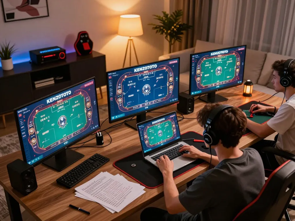 Pemain sedang terlibat dalam poker online KENZOTOTO, dikelilingi oleh catatan strategi dan beberapa layar permainan.