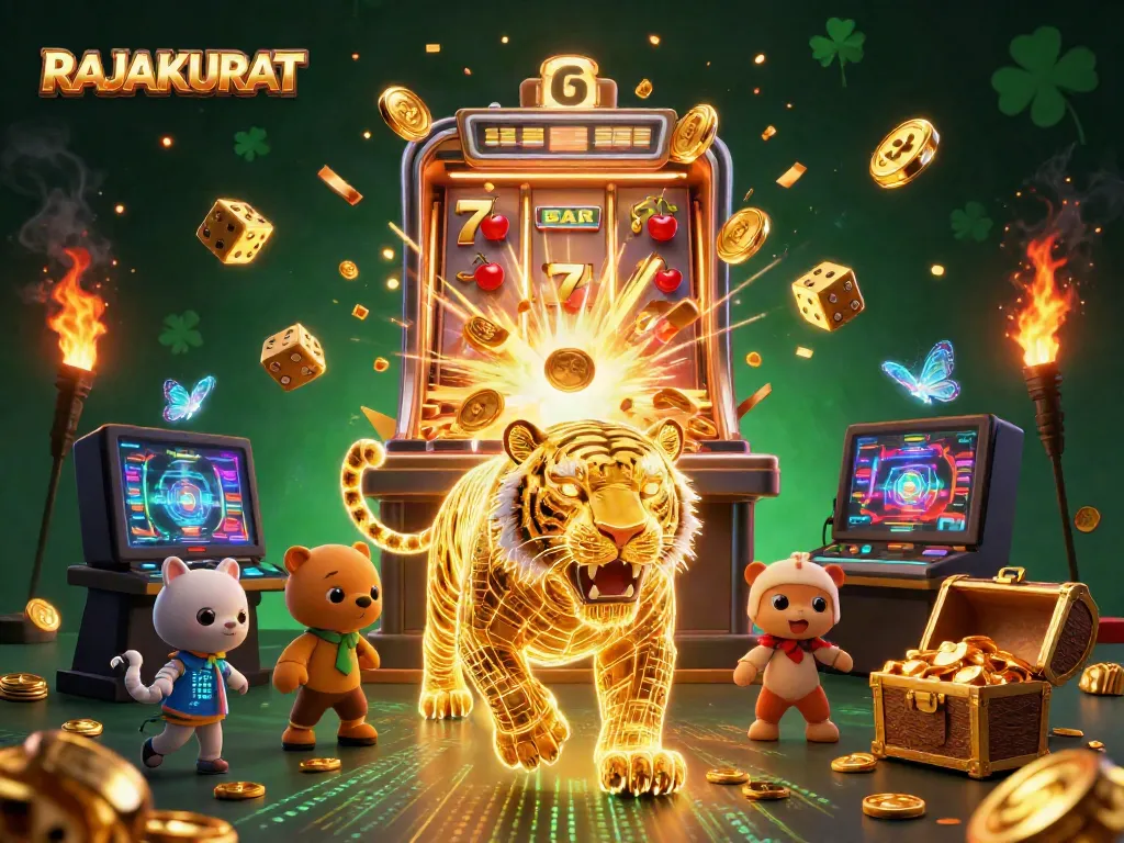 Experience RAJAAKURAT's vibrant jackpot scene with golden tiger, dynamic casino elements, and enchanting holographic butterflies.